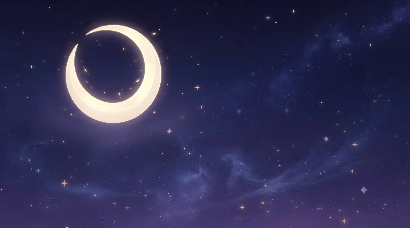A crescent moon over a violet night sky