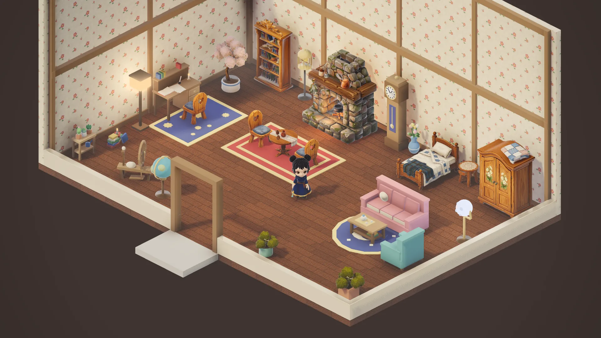 A cottage room with a stone hearth, a grandfather clock, a bed, a wardrobe, a dining table, a settee and rugs