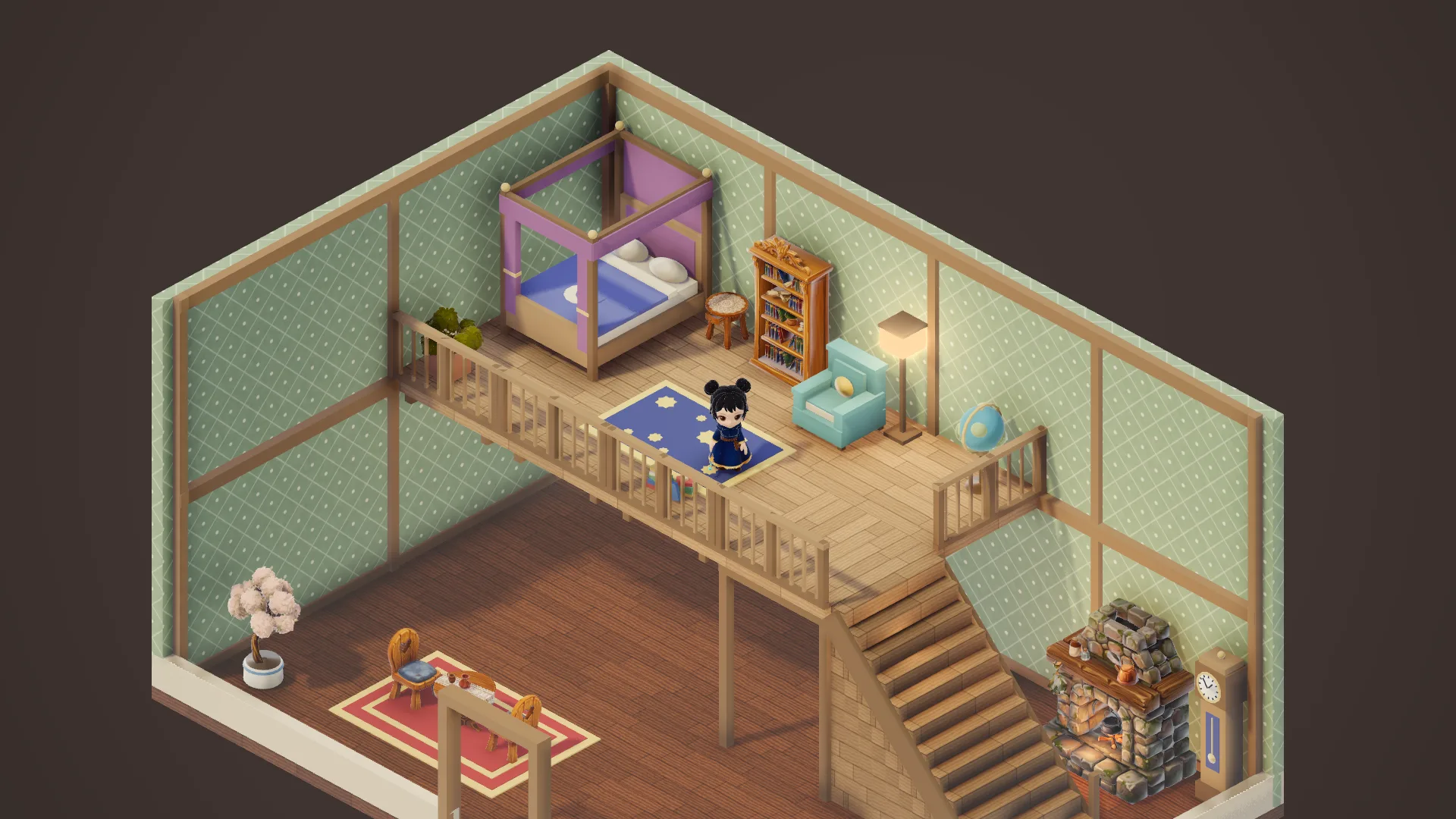 A loft with a canopy bed, a bookcase and an armchair, reached by wooden stairs, above a room with a stone hearth