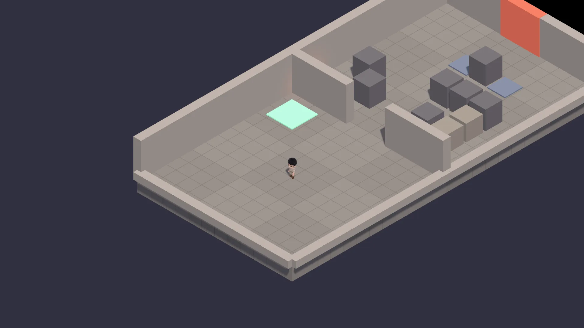 A grey test room with a hero, stone blocks, pillars and blue floor plates