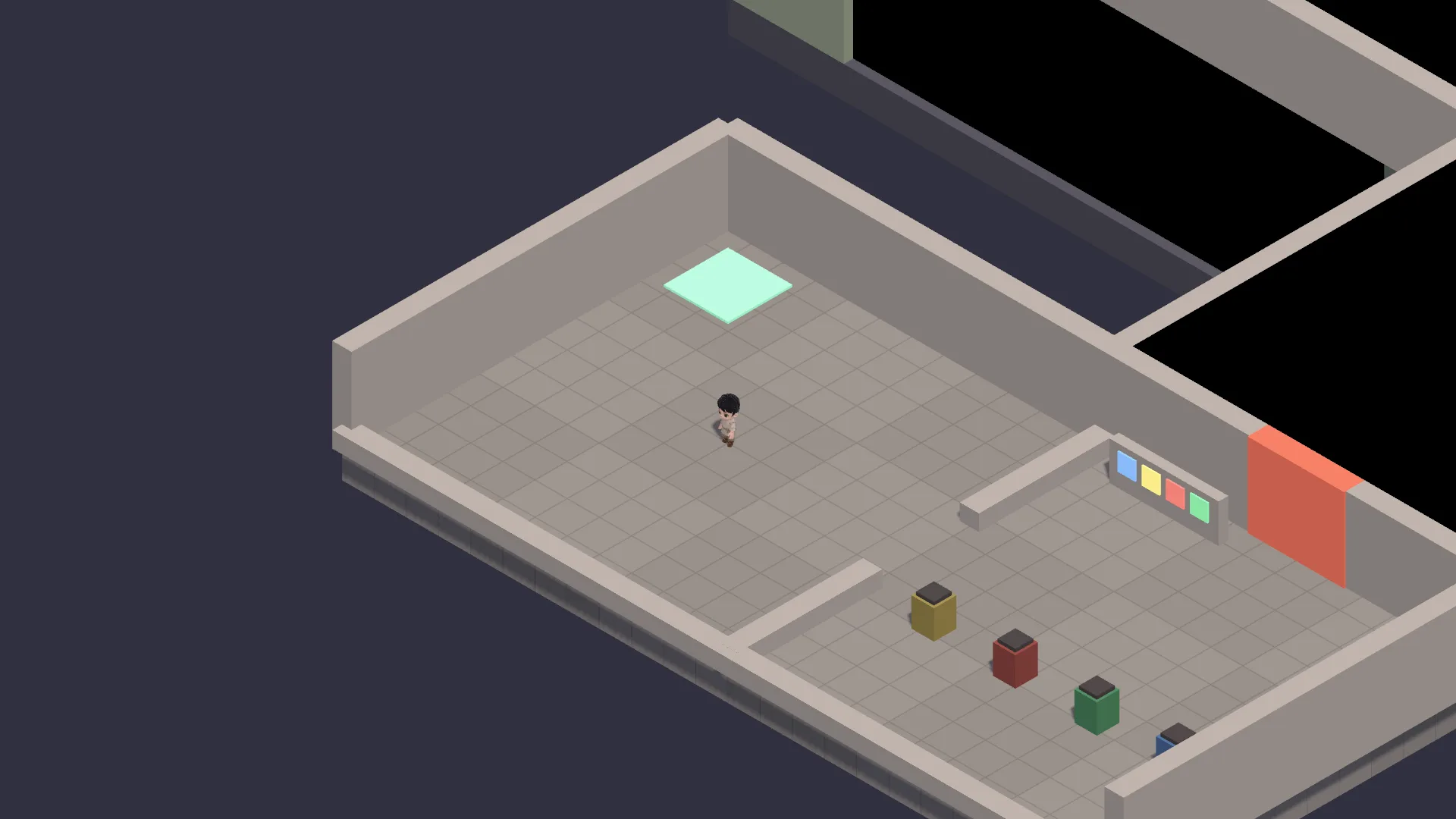 A greybox room with four coloured braziers, a mural showing the colour order, and blacked-out rooms beyond