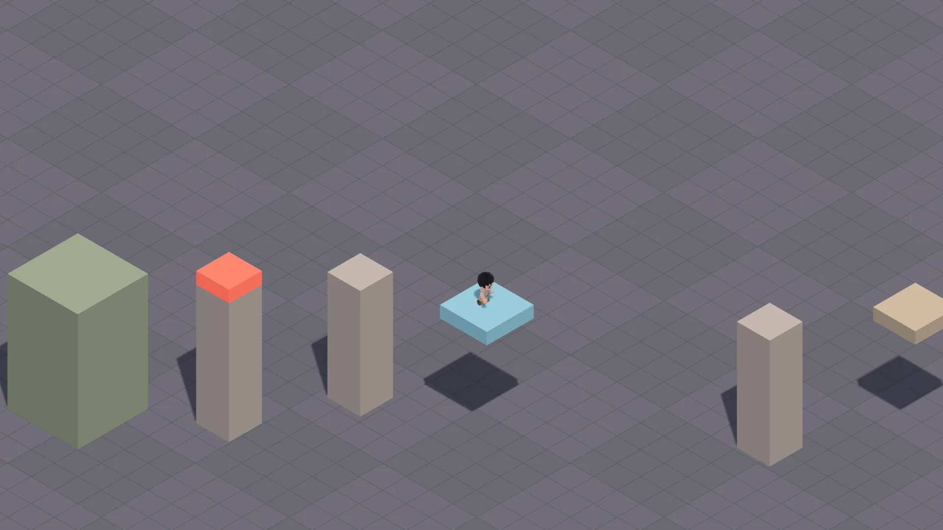 A hero riding a moving platform between tall stone columns
